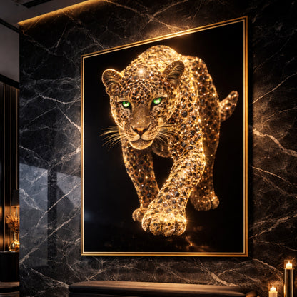 Gold leopard wildlife artwork in luxury black marble interior, large framed jeweled leopard wall art with green eyes displayed as modern statement decor in high-end contemporary residential space