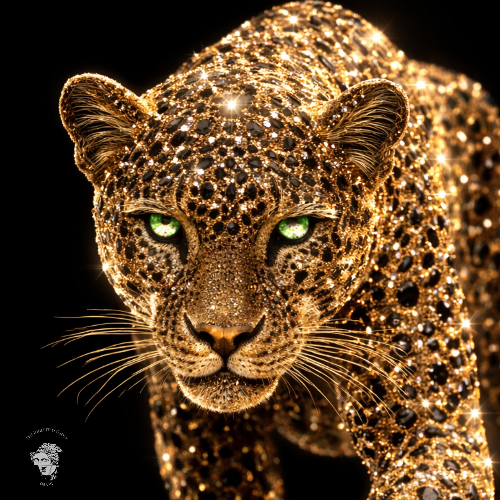 Close up gold jeweled leopard face artwork with green eyes on black background, luxury wildlife animal wall art print