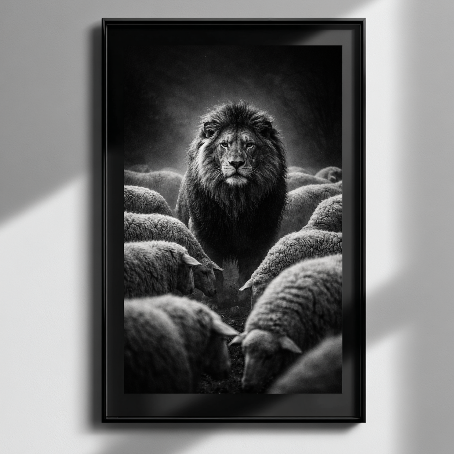 Black and white lion among sheep wall art in black frame displayed as powerful leadership symbolism artwork for modern minimalist interior decor
