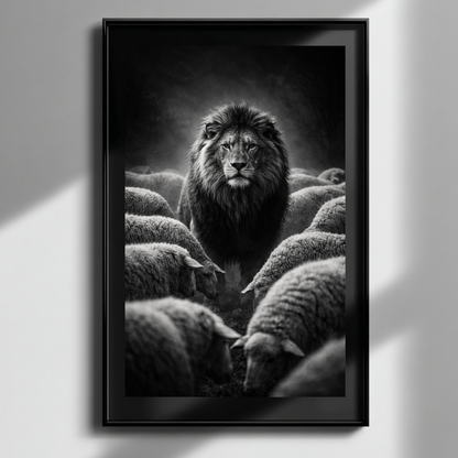 Black and white lion among sheep wall art in black frame displayed as powerful leadership symbolism artwork for modern minimalist interior decor