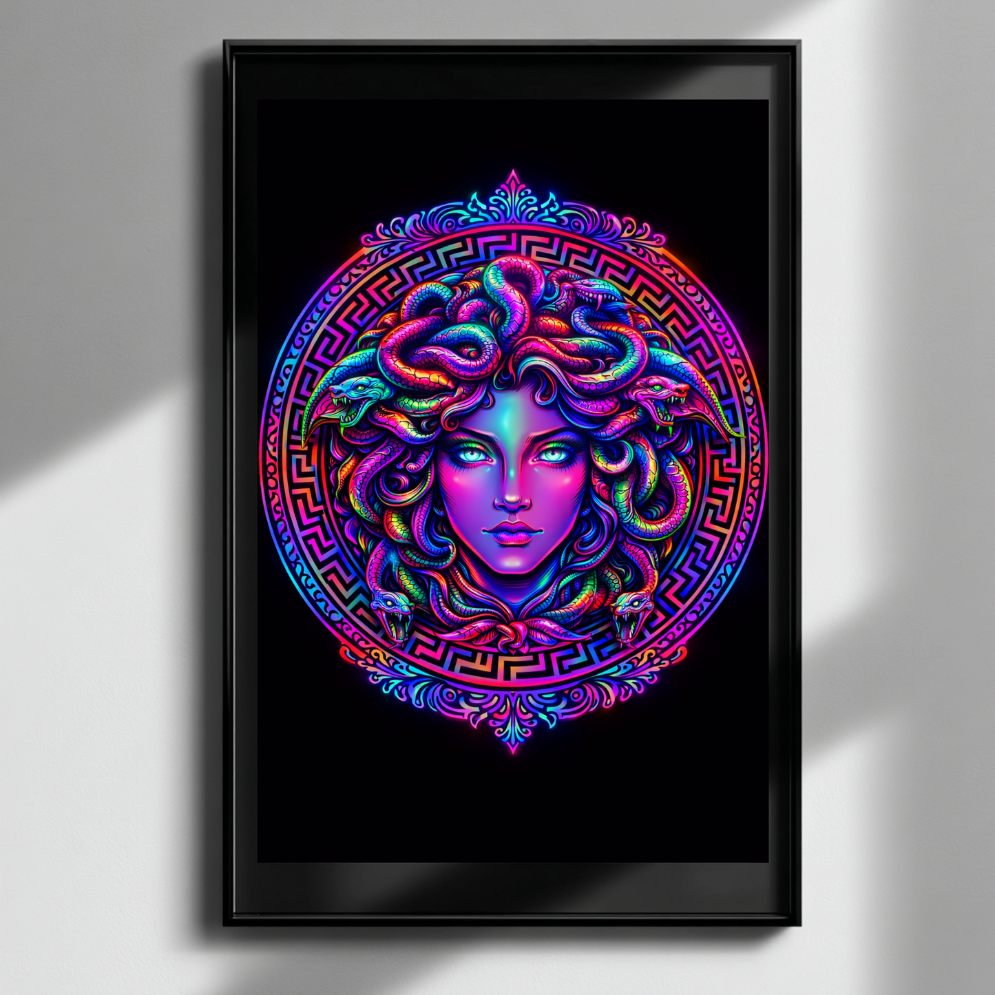 Neon Medusa art print in sleek black frame on white wall with soft natural shadow