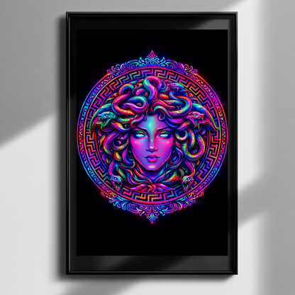 Neon Medusa art print in sleek black frame on white wall with soft natural shadow