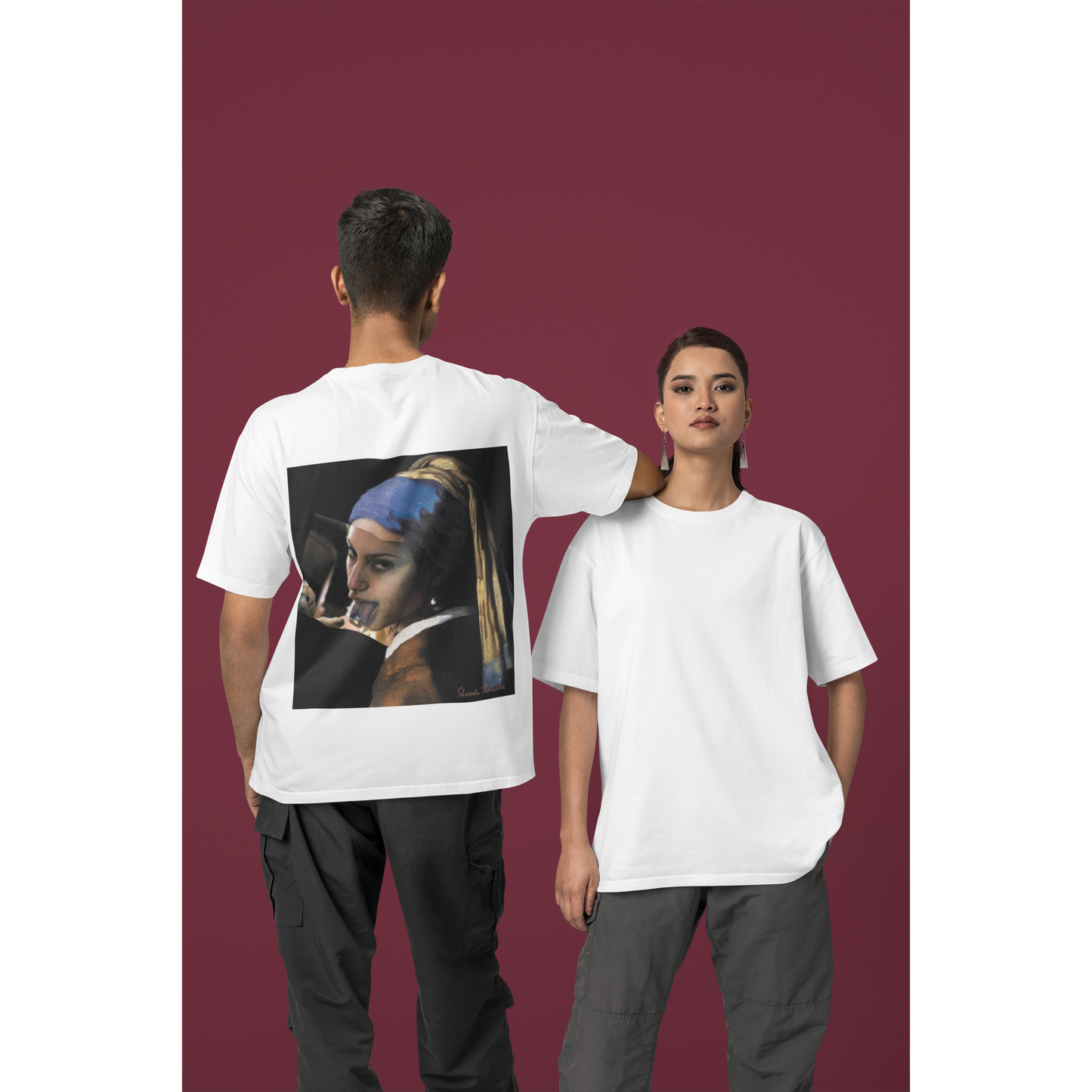 Unisex classical girl with a pearl white t-shirt shown on male and female models, featuring clean minimalist front and bold unfiltered collage back graphic, dark luxury surreal streetwear tee