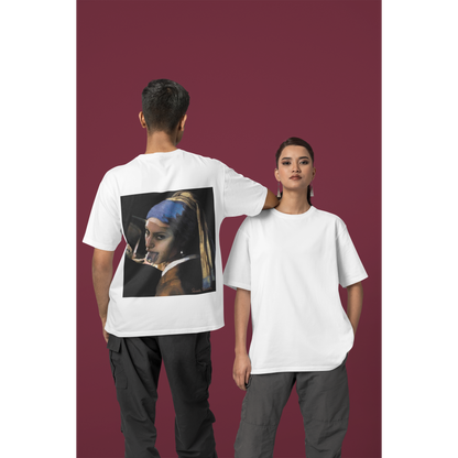 Unisex classical girl with a pearl white t-shirt shown on male and female models, featuring clean minimalist front and bold unfiltered collage back graphic, dark luxury surreal streetwear tee
