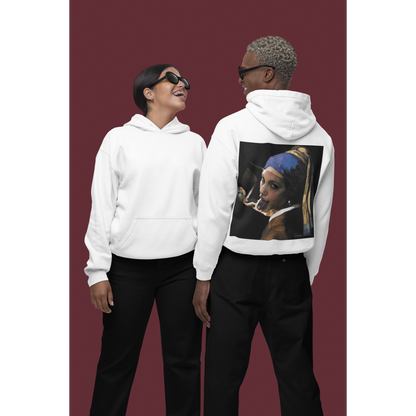 Unisex Classical Girl with a Pearl white hoodie shown on two models, featuring clean minimalist front and bold unfiltered classical collage artwork on the back, dark luxury streetwear hoodie