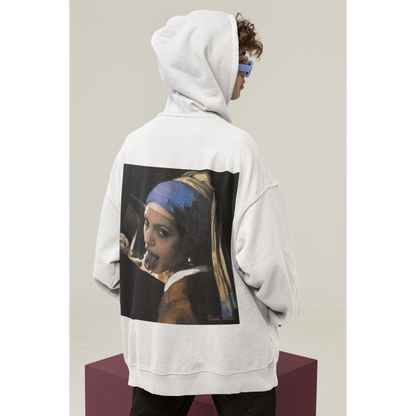 Studio model wearing white Classical Girl with a Pearl unfiltered collage back graphic hoodie, unisex dark luxury pullover hoodie featuring classical art remix artwork printed on the back