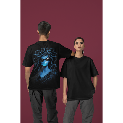Unisex black blue medusa bubblegum back graphic t-shirt shown on male and female models, dark luxury statement tee featuring blue medusa-inspired figure blowing bubblegum with clean minimalist front and bold surreal back artwork