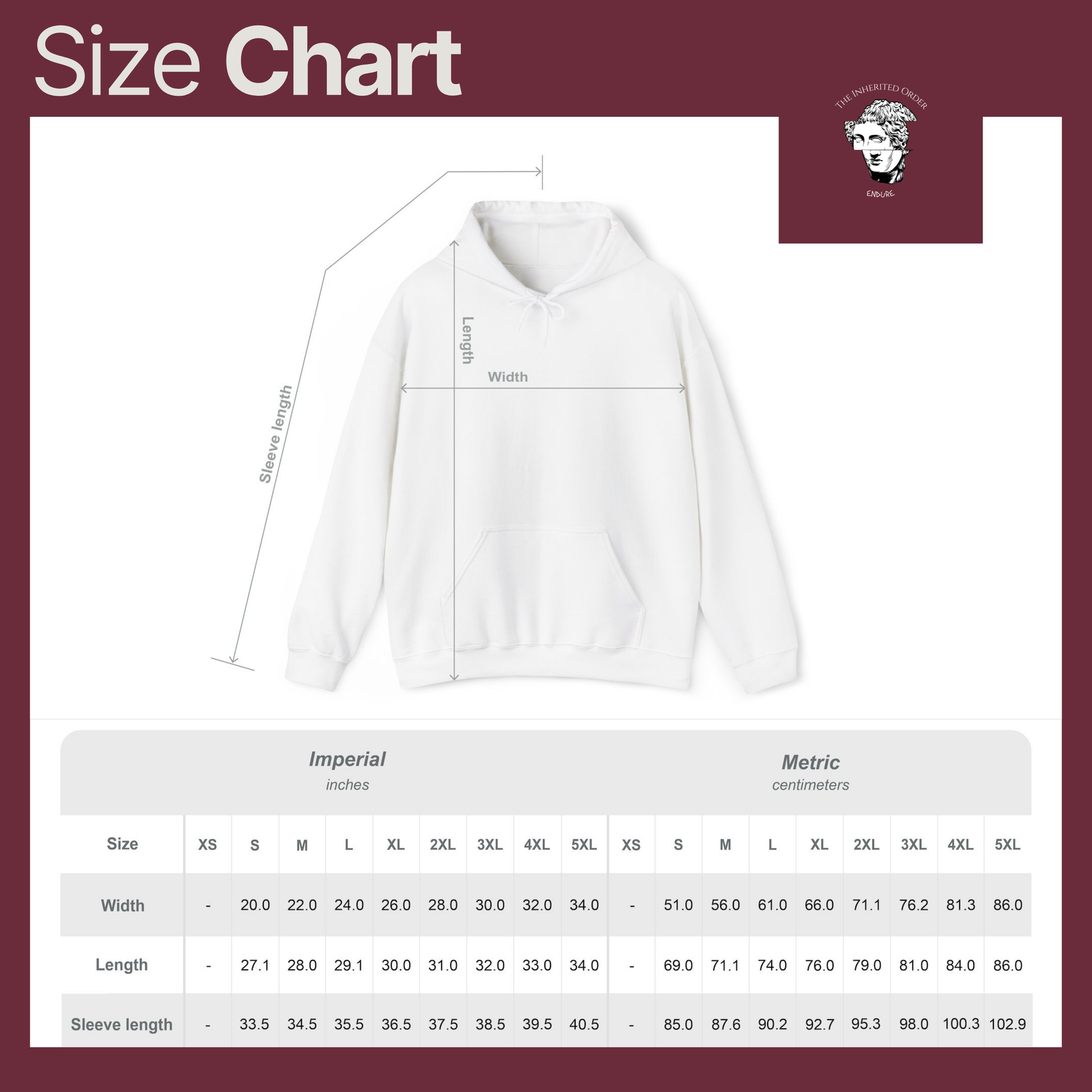 Universal unisex hoodie size chart with measurement guide for accurate fit. Includes XS–5XL sizing with imperial and metric measurements.