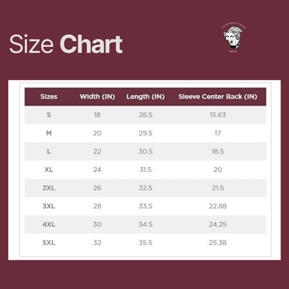 Unisex t-shirt size chart showing chest width, body length, and sleeve length measurements in inches